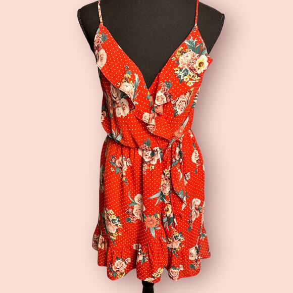 Everly Red Floral Ruffled Faux Wrap Mini Sun Dress Womens Girly Medium Coquette - Picture 1 of 4